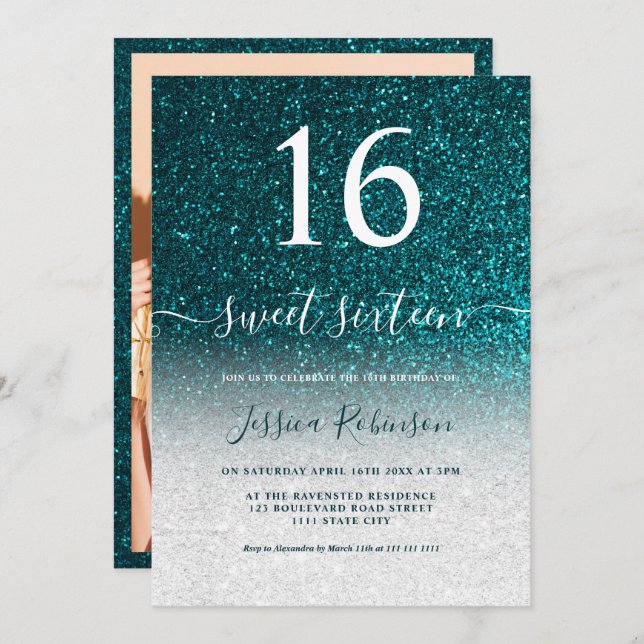 Girly turquoise glitter script chic Sweet 16 Invitation (Front/Back)