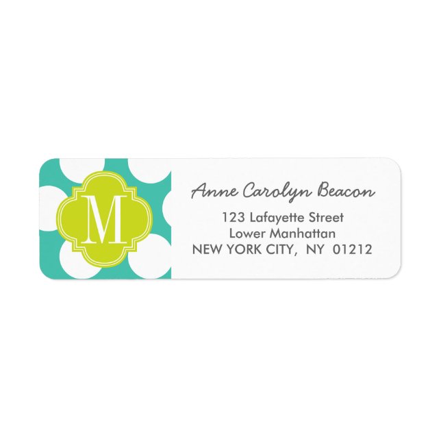 Girly Turquoise & green Big Dots Monogrammed Return Address Label (Front)