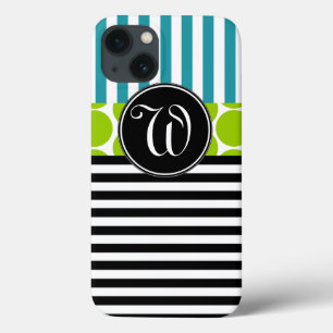 GIRLY TURQUOISE GREEN BLACK STRIPES MONOGRAM iPhone 13 CASE