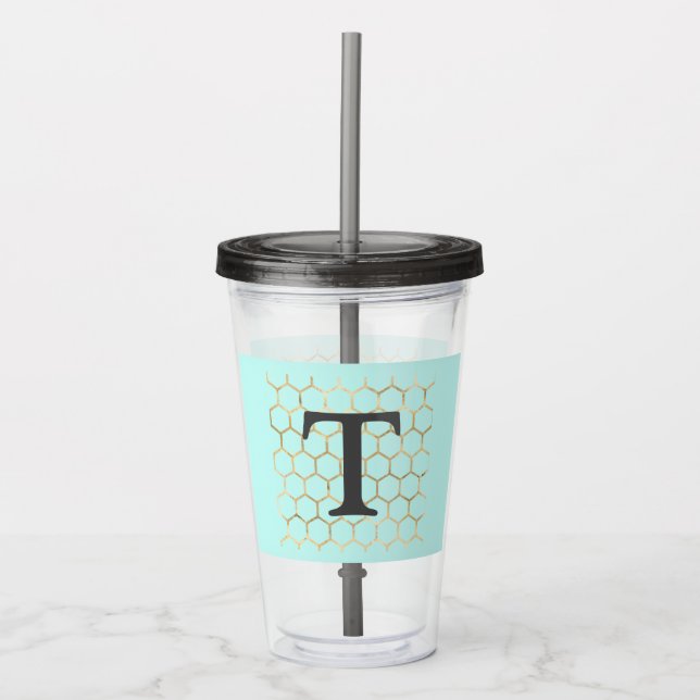 Girly Turquoise Green Gold Hexagon Monogram Acrylic Tumbler (Front)