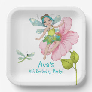 Girly Turquoise Green Pink Dragonfly Birthday Paper Plate