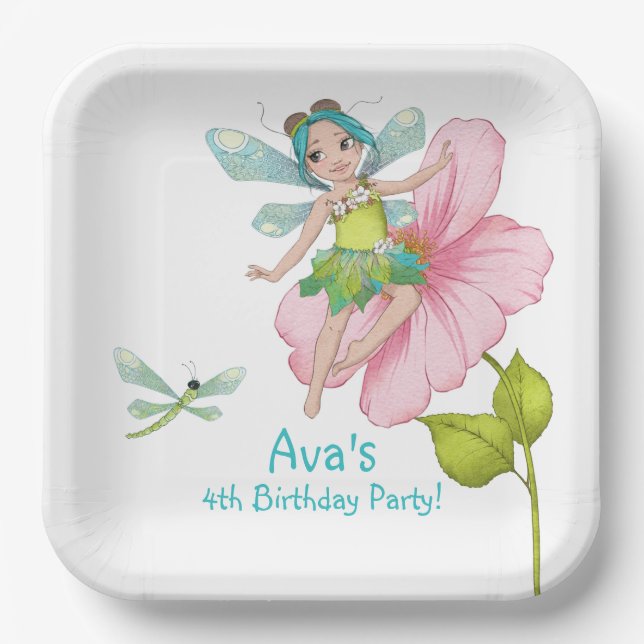 Girly Turquoise Green Pink Dragonfly Birthday Paper Plate (Front)