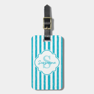 Girly Turquoise Painted Stripes Monogram and Name Luggage Tag