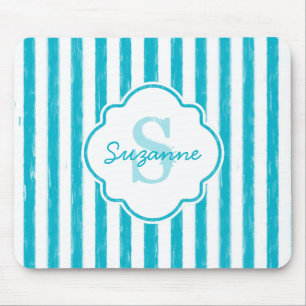 Girly Turquoise Painted Stripes Monogram and Name Mouse Pad