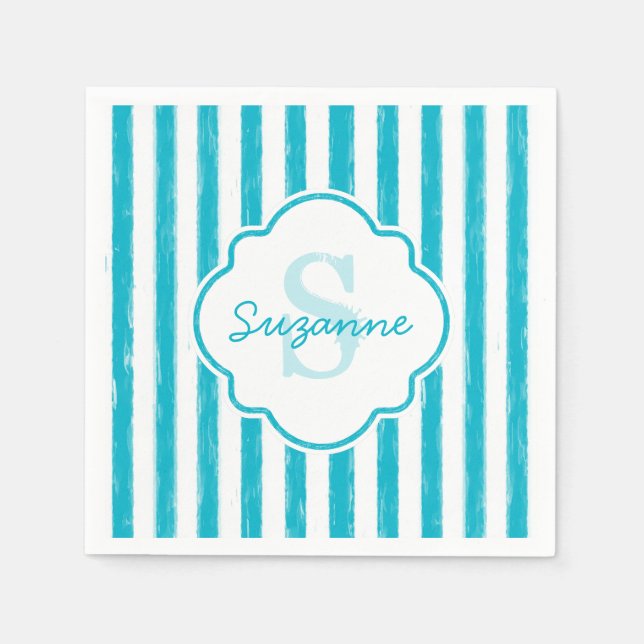 Girly Turquoise Painted Stripes Monogram and Name Napkin (Front)
