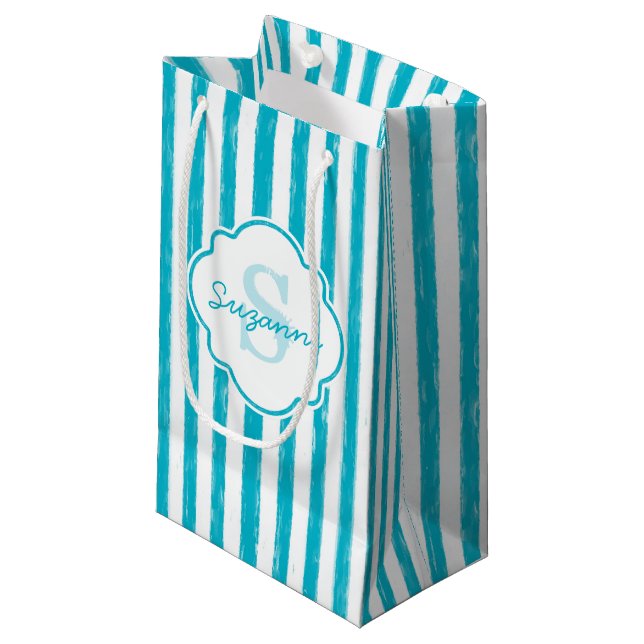 Girly Turquoise Painted Stripes Monogram and Name Small Gift Bag (Front Angled)