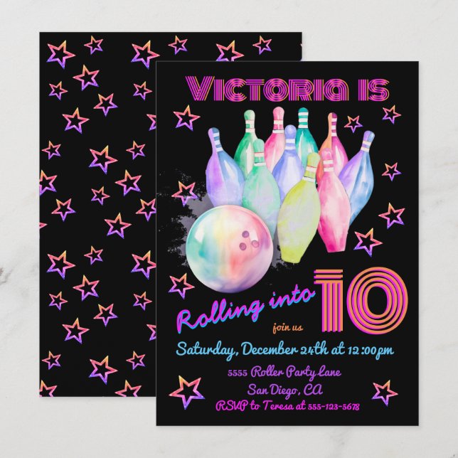 Girly tye dye pink Bowling Birthday Party Invitation (Front/Back)