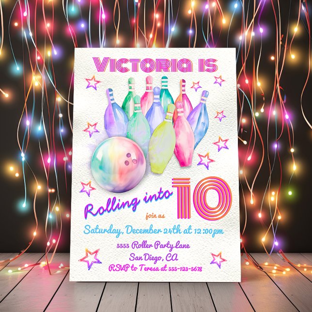 Girly tye dye pink Bowling Birthday Party Invitation (Creator Uploaded)