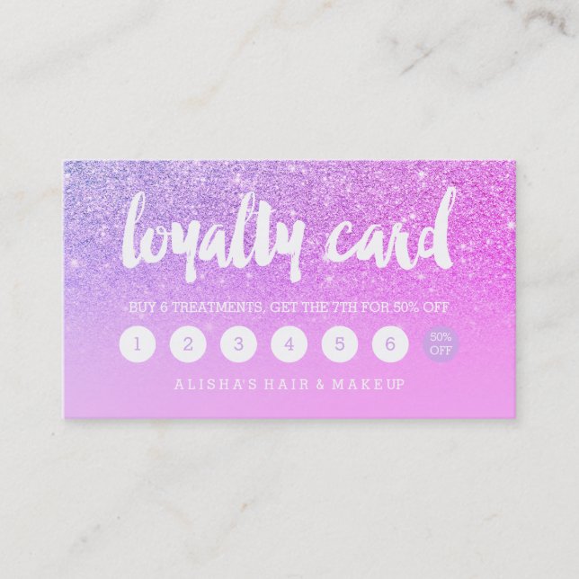 Girly typography purple pink glitter loyalty card (Front)