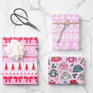 Girly Ugly Sweater Pink, Red and Green Christmas  Wrapping Paper Sheet