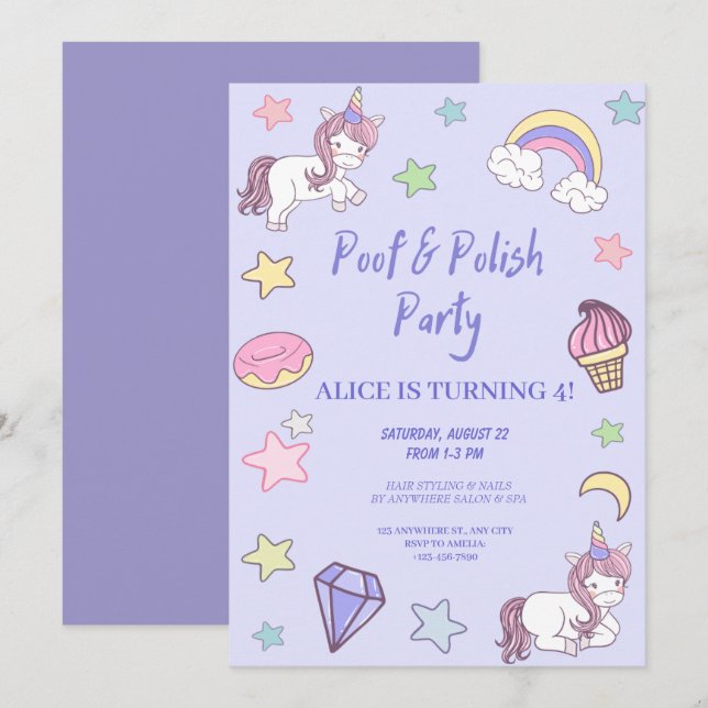 girly unicorn and rainbow birthday invitation (Front/Back)