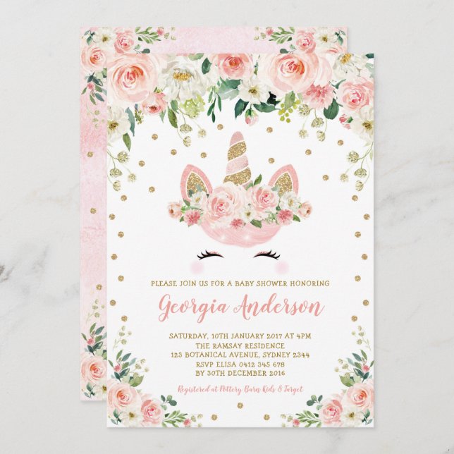 Girly Unicorn Baby Shower Blush Peach Gold Floral Invitation (Front/Back)