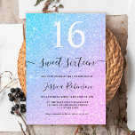 Girly unicorn glitter sparkles chic Sweet 16 Invitation<br><div class="desc">A cool and girly chic light unicorn blue gradient to pink glitter sparkles ombre Sweet 16 birthday party invitation,  add your photo at the back</div>