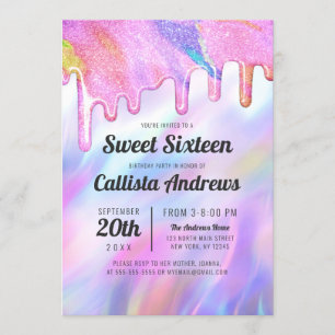 Girly Unicorn Holographic Glitter Drips Sweet 16 Invitation