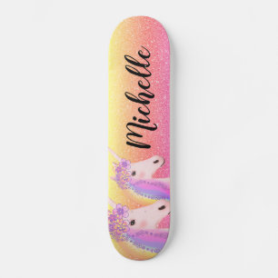 Girly Unicorn Rainbow Glitter Personalised Kids Skateboard