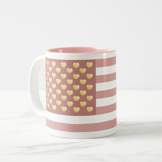 Girly US Flag Blush Pink Patriotic  Two-Tone Coffee Mug (Front Left)