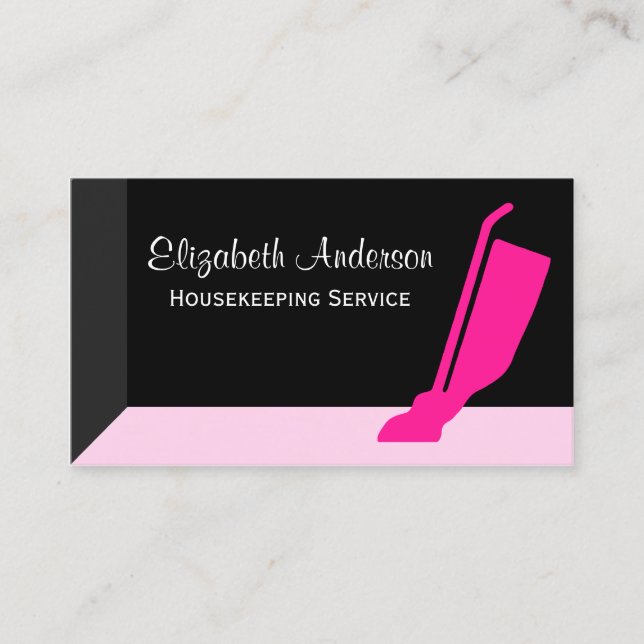 Girly Vacuum Pink and Black Housekeeping Service Business Card (Front)