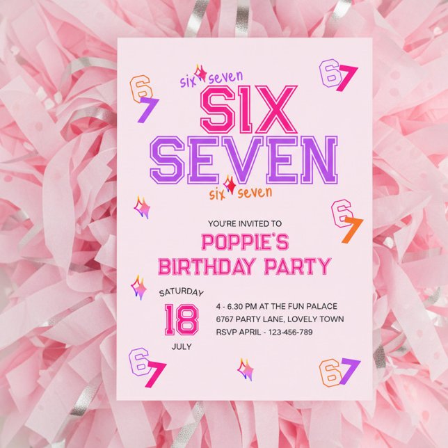Girly Varsity Pink Purple 6 7 Meme Birthday Party Invitation (6 7 girls birthday invitation in pink and purple, with girly varsity typography design)