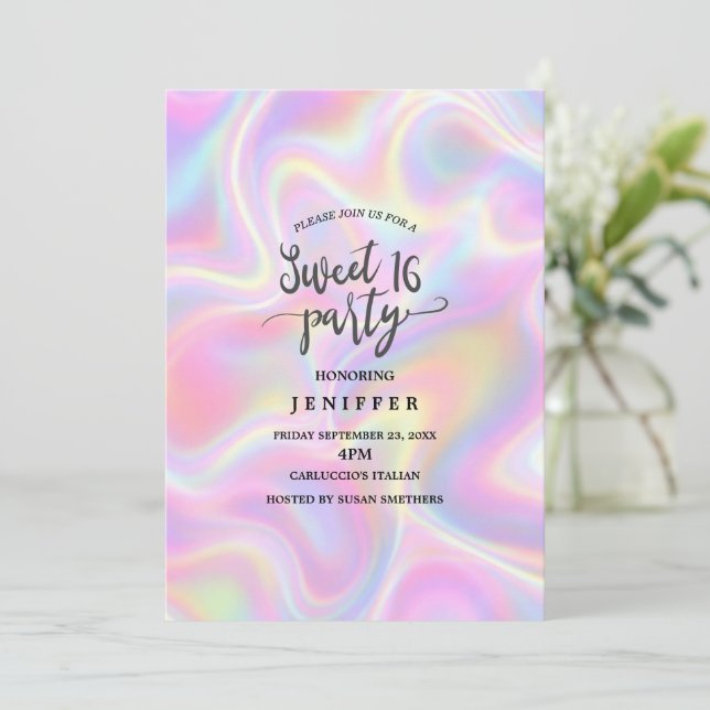 Girly Vibrant Pastel Holographic Swirl Design      Invitation (Standing Front)