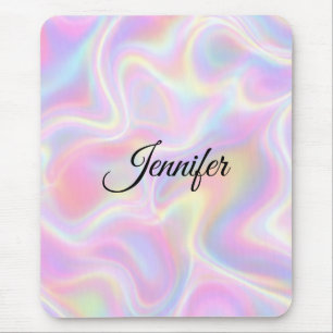 Girly Vibrant Pastel Holographic Swirl Design Mouse Pad