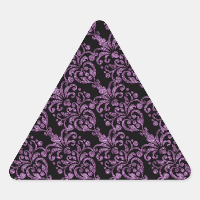 Girly Victorian Purple Glittery Damask Pattern Triangle Sticker (Front)