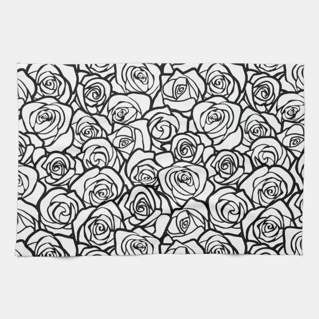 Girly Vintage black and white roses Tea Towel (Horizontal)