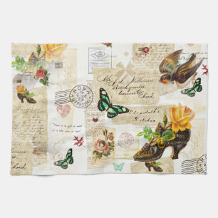 Girly Vintage Ephemera Fashion Collage With Name Tea Towel
