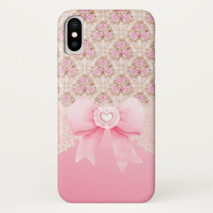 Girly Vintage Pink Floral Roses Ribbon And Lace iPhone X Case