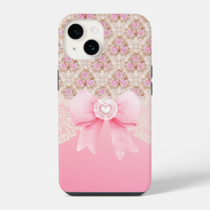 Girly Vintage Pink Floral Roses Ribbon And Lace iPhone 14 Case