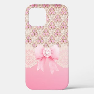 Girly Vintage Pink Floral Roses Ribbon And Lace iPhone 12 Case