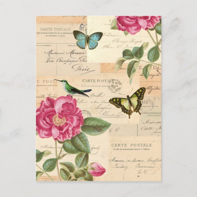 Girly vintage postcard with roses and butterflies (Front)