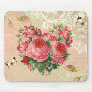 Girly Vintage Rose Heart Collage Mouse Pad