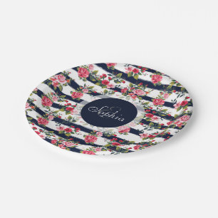 Girly vintage roses floral watercolor stripes paper plate
