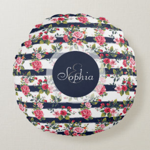 Girly vintage roses floral watercolor stripes round cushion
