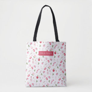 Girly Vintage Watercolor Pink Red Pattern Name Tote Bag