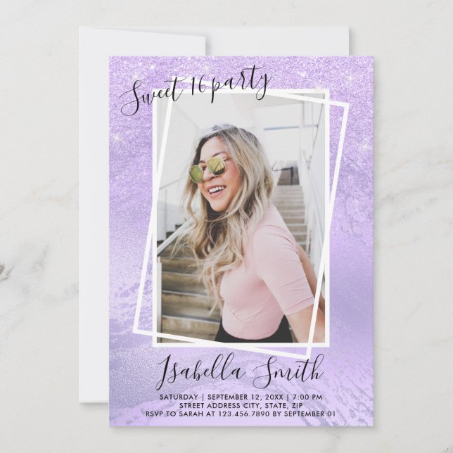 Girly violet glitter sweet sixteen birthday party invitation (Front)
