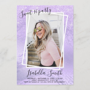 Girly violet glitter sweet sixteen birthday party invitation