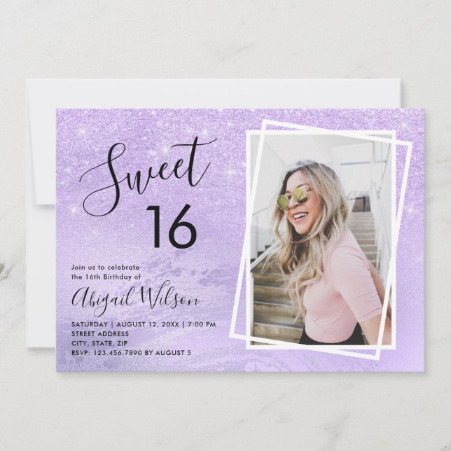 Girly violet glitter sweet sixteen birthday party invitation (Front)