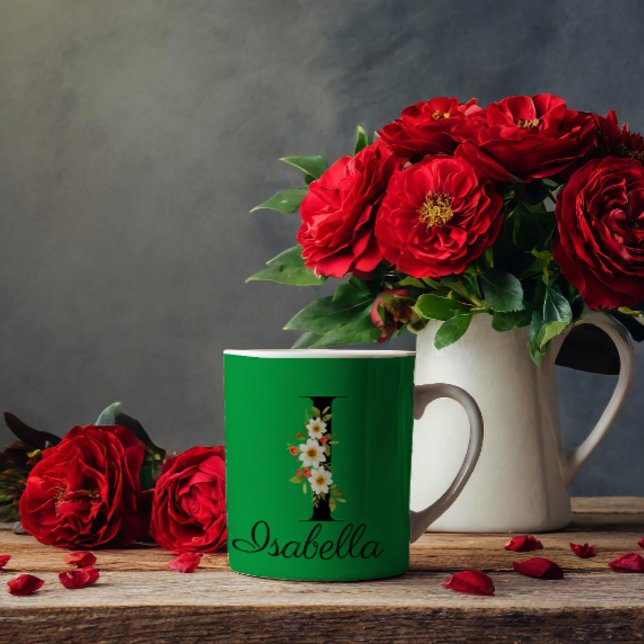 Girly watercolor botanical green initial Mug (Creator Uploaded)
