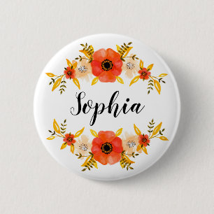 Girly Watercolor Coral Floral Wreath Custom Text 6 Cm Round Badge
