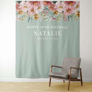Girly watercolor floral 30th birthday blue chic tapestry