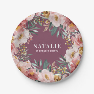Girly watercolor floral birthday pink chic paper plate