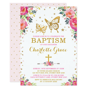 Girly Watercolor Floral Butterfly Baptism Invitation