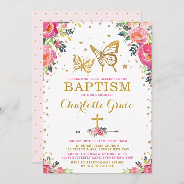 Girly Watercolor Floral Butterfly Baptism Invitation (Front/Back)