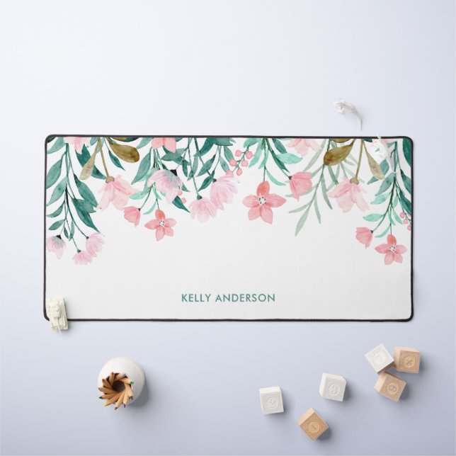 Girly Watercolor Floral Pattern Monogrammed Desk Mat (Kids Table)