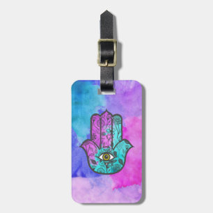 Girly Watercolor Floral Print Hamsa Hand of Fatima Luggage Tag