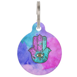 Girly Watercolor Floral Print Hamsa Hand of Fatima Pet Tag