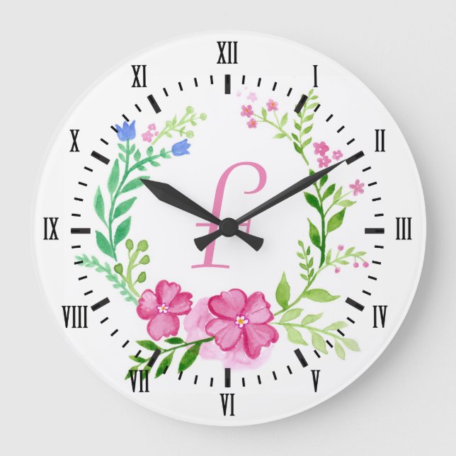 Girly Watercolor Flowers Wreath & Initial Letter Large Clock (Front)