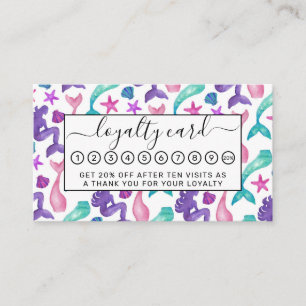 Girly Watercolor Mermaids Tales Seashells Pattern Loyalty Card