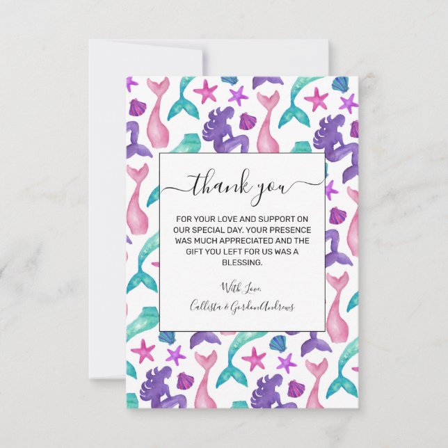 Girly Watercolor Mermaids Tales Seashells Pattern Thank You Card (Front)